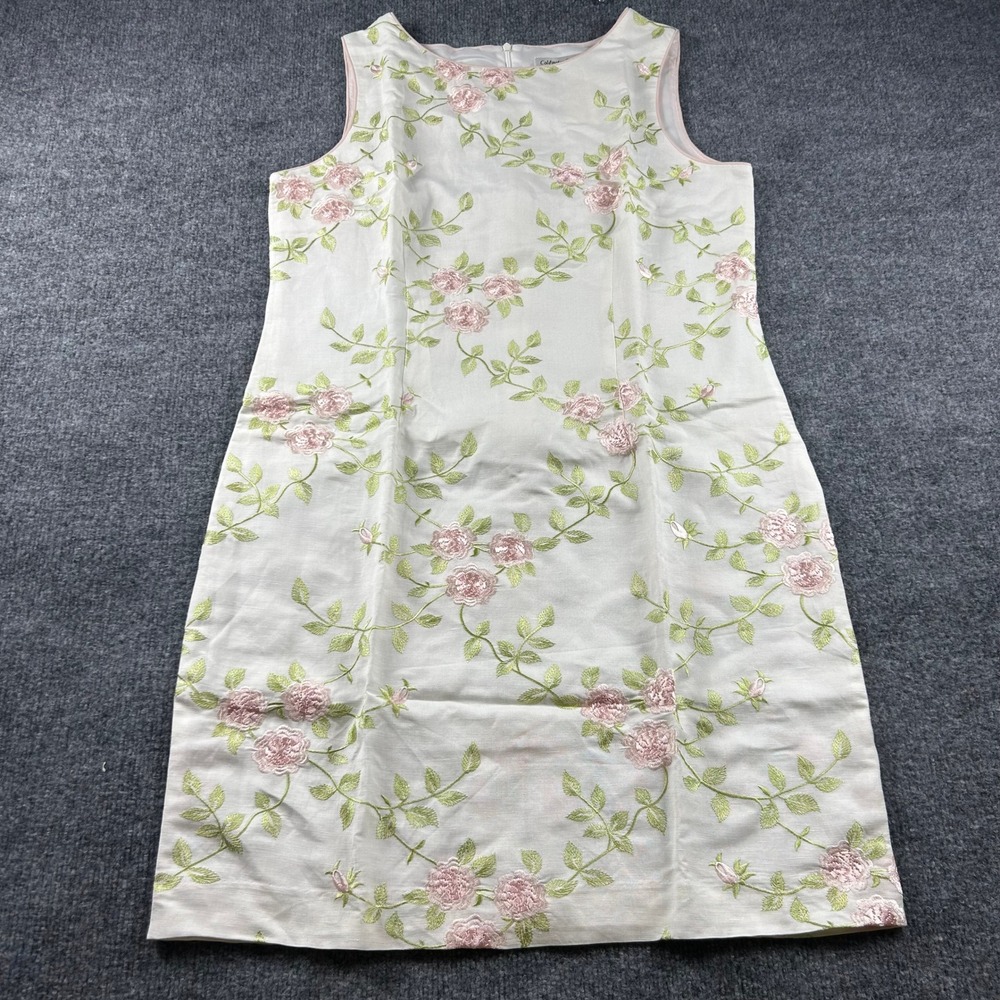 Coldwater Creek Floral Embroidered Linen Blend Sheath Dress Pink White Size 16